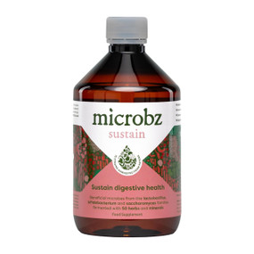 Microbz Sustain Drink 475-ml in a brown plastic bottle with a white & pink label. Microbz Sustain is a liquid probiotic and multivitamin drink with 15 probiotic strains, 50+ natural herbs, and essential minerals to support overall health and immunity.