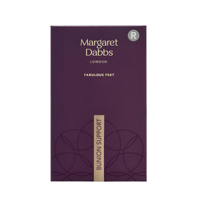 Margaret Dabbs London Bunion Support Right Foot - 1-Pack front image burgundy carton; is a bunion splint that helps alleviate pressure on the big toe joint and encourage normal alignment, also ideal if you are worried about developing a bunion