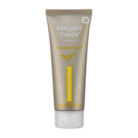 Margaret Dabbs™ London ThermaSulis™ Warming Hand Cream, gold tube, white lid: is a vegan formulation enriched with a luxurious blend of coconut, ginger, cinnamon, and sweet orange essential oils for intense hydration, a therapeutic aroma, and a feeling of comfort.