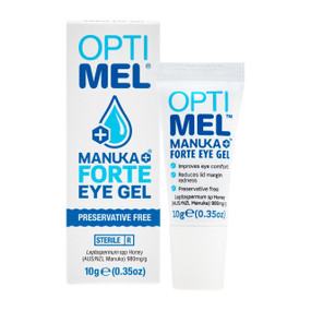 Melcare Optimel Manuka+ Forte Eye Gel - white carton box & 10-Grams white plastic eye gel tube and box; stabilises the health of the eye and relieves symptoms such as dry eye, blepharitis, and irritated eyelids.