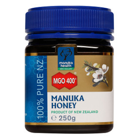 Manuka Health Manuka Honey MGO400 (20+) - 250-Grams blue glass jar with blue lid; the only honey to have been tested by scientists to show its MGO (methyglyoxal) content – a powerful antibacterial agent used to treat digestive complaints, skin conditions, wounds, gum disease, and sore throats