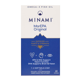 Minami Nutrition MorEPA Original - 60-Softgels white & blue carton box; sustainably sourced from small fish in the fresh waters of the Pacific.