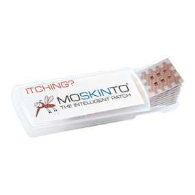 Moskinto Itch-Relief 24 Patches in a transparent plastic box & white label; instantly soothe insect bites in both adults & children
