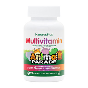 Natures Plus Animal Parade Children’s Multivitamin - Assorted Flavours - 90-Tablets white plastic bottle with colourful label; includes 16 vitamins and 8 minerals, as well as nature's most healthy organic whole foods, including spirulina, carrot, broccoli, whole brown rice and spinach.