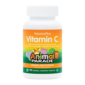 Natures Plus Animal Parade Childrens Vitamin C Chewable - 90-Tablets white plastic bottle with lid and colourful animal label design; delicious, child-friendly chewable supplement that supports your child's immune health