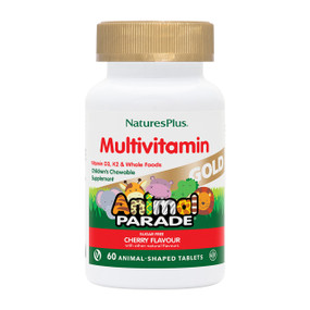 Natures Plus Animal Parade Gold Children's Multivitamins - Cherry Flavour white pot with gold lid; 
 - 60-Chewable Tablets bottle; the best selling children's animal shapes chewable multivitamin supplement.