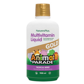 Natures Plus Animal Parade Gold Liquid - Children's Multivitamin - 900-ml white bottle with gold lid and animal design label;  delicious liquid multivitamin for children containing a comprehensive formula to support immunity and enhance energy