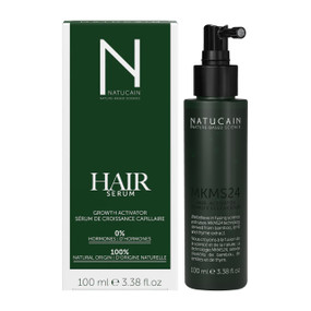 Natucain Hair Activator Growth Serum - green box and 100-ml dark green bottle with pump dispenser, stimulates hair growth from the root and ensures significantly less hair loss and more hair growth.