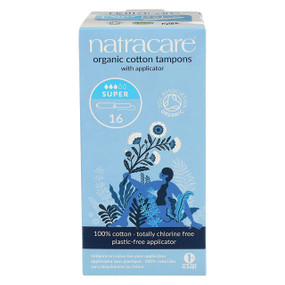 Natracare Organic Super Applicator Tampons - 16-Pack box; 100% organic cotton tampons with plastic-free applicators for slightly heavier flow.