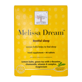 New Nordic’s Melissa Dream 40 tablets are in a yellow cardboard box; contain lemon balm, chamomile and green tea plus vitamin B and magnesium and help to aid healthy sleep and relaxation