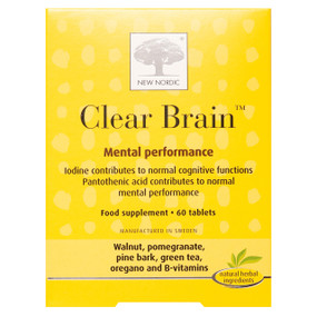 New Nordic Clear Brain 60 tablets yellow box; combines brain supporting nutrients from walnut, ginkgo, green tea and a complex of B vitamins that all work to support cognitive and memory performance