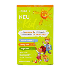 Neubria Neu Kid - Multivitamin Plus Omega-3 - 30-Soft Chews green carton box; supports kids’ overall health and wellbeing.