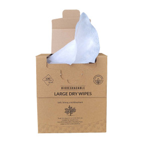 Nilaqua Biodegradable Large Dry Wipes – 100 thick, ultra-absorbent, 100% plastic-free wipes in a brown carton box; perfect for personal care, healthcare, and sustainable living in the UK. FSC-certified & zero waste.