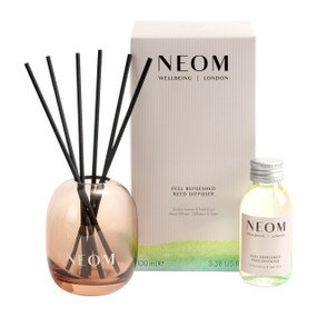 Neom Wellbeing Feel Refreshed Reed Diffuser is a natural energising home fragrance with Sicilian Lemon & Basil in a stylish, refillable glass vessel