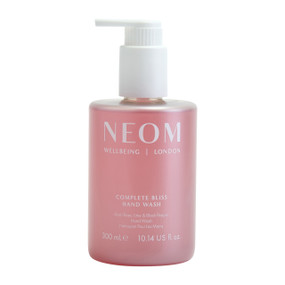 Neom Complete Bliss Hand Wash 300ml in a transparent plastic bottle with  white pump; deeply nourishes and hydrates your hands