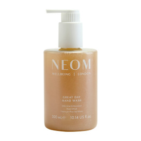 Neom Great Day Hand Wash 300ml in a transparent plastic bottle with white pump. Wash your hands and inhale 7 uplifting essential oils whilst nourishing skin.