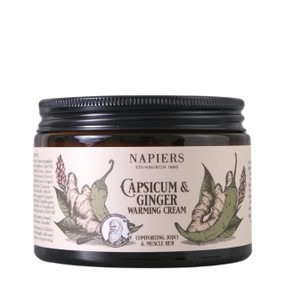 Napiers Capsicum & Ginger Warming Cream - 100-ml black glass tub with white label and black lid; helps to ease and relax your hardworking joints and muscles alleviating arthritic and muscle pain.