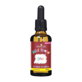 Natures Aid Iron Mini Drops - 50-ml dropper glasss bottle; provides 10 mg of iron per dose, along with vitamin C, B12, and folic acid to support cognitive development, red blood cell formation, and energy levels in babies and young children.