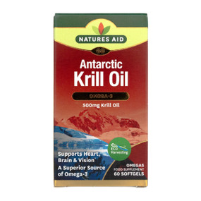 Natures Aid Antarctic Krill Oil - 60-Softgels red box; provide a superior source of omega 3 essential fatty acids for the normal function of the heart, brain and vision all within an easy to swallow capsule with no unpleasant fishy odour or after taste