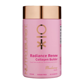 Nutriburst Collagen Revive - 60-Gummies front image pink bottle and gold lid; are delicious vegan collagen gummies with nutrients to support collagen production. Collagen Revive vegan multi-nutrient formula includes grape seed, hyaluronic acid, essential nutrients, and vitamin C to support the production of collagen in the body