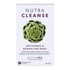 NutraTea NutraCleanse Tea - 20-Tea Bags in a white carton box; a purifying and digestive herbal tea blend with Milk Thistle, Dandelion Root and Artichoke to help support digestion and gut health.