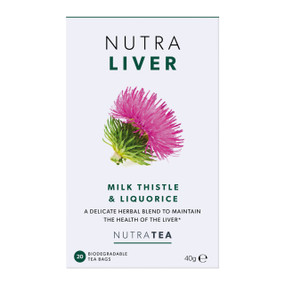 Nutra Liver - 20-Tea Bags in a white carton box; a liver detox tea that combines herbs like Milk Thistle and Turmeric, which are packed with antioxidants, to help combat inflammation and protect the health of the liver.