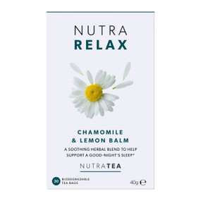 NutraTea NutraRelax Tea - 20-Tea Bags in a white carton box; a calming tea blend of herbs that soothe your mind, relax your body, and ease you into a restful night’s sleep.