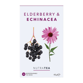 NutraTea Elderberry & Echinacea 20 tea bags in a white carton box; a natural immune-supporting herbal tea made with 60% elderberry and 40% echinacea