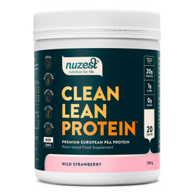 Nuzest Clean Lean Protein - Wild Strawberry - 500-Grams white tub with green label; Contains all nine essential amino acids and provides the building blocks for vitality, repair, recovery and muscle growth and particularly high in glutamine – an amino acid that is essential for post-exercise recovery and the prevention of muscle loss as we age
