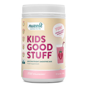 Nuzest Kids Good Stuff - Wild Strawberry - 225-Grams white tub with brown label; Made from real fruit and veg, with protein, calcium, probiotics and more, it's the all-in-one nutritional support kids growing bodies need. Plus, there's absolutely zero bad stuff!