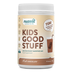 Nuzest Kids Good Stuff - Rich Chocolate - 225-Grams white tub with brown label; Made from real fruit and veg, with protein, calcium, probiotics and more, it's the all-in-one nutritional support kids growing bodies need. Plus, there's absolutely zero bad stuff!