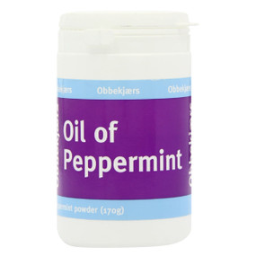 Obbekjaers Peppermint Powder - 170-Grams white plastic bottle;  contains the finest oil of peppermint to relieve indigestion & diarrhoea