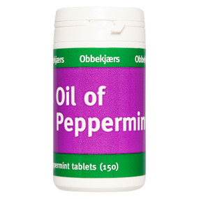 Obbekjaers Peppermint Tablets - 150-Tablets white plastic bottle with purple and green label; helps to relieve colic, acidic stomach & the symptoms of IBS