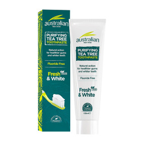 Optima Purifying Tea Tree Toothpaste - green box and 100-ml white tube; This unique formula tea tree toothpaste protects teeth and gums, freshens breath and whitens teeth without abrasion