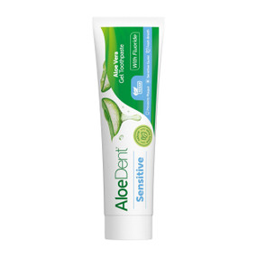 Aloe Dent Sensitive Aloe Vera Toothpaste with Fluoride 100ml in a white & green plastic tube with white cap; Soothing fluoride toothpaste for sensitive teeth, Aloe Dent combines aloe vera and natural botanicals for a fresh, gentle clean and daily protection