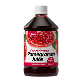 Optima Pomegranate Juice -  500-ml brown plastic bottle with white & red label; made from pure, unrefined, pomegranates, which are a naturally rich source of antioxidant flavonoids