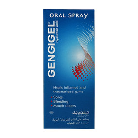 Ricerfarma Gengigel Oral Spray - 20-ml blue box; a hyaluronan spray to relieve mouth ulcers, inflamed and bleeding gums, dry mouth, and food burns.