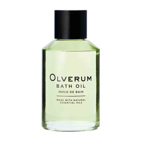 Olverum Bath Oil, 125 ml, in a transparent glass bottle with black cap; Olverum luxurious bath oil combines aromatic, pure essential oils to relax, calm and de-stress