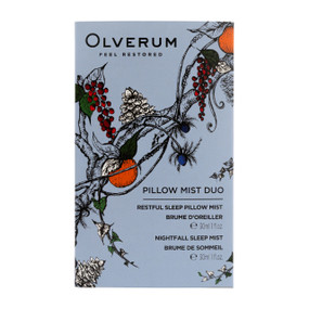 Olverum Pillow Mist Duo gift set with Restful Sleep Pillow Mist and Nightfall Sleep Mist in elegant packaging, designed for relaxation and better sleep;