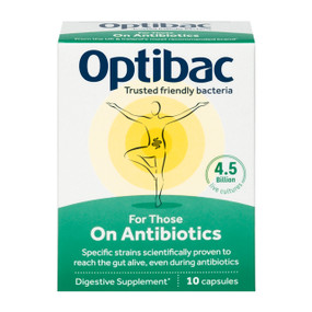 OptiBac Probiotics For Those On Antibiotics - 10-Capsules green box; a probiotic supplement for those taking antibiotics