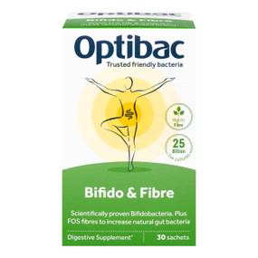 OptiBac Probiotics Bifido & Fibre 30 Sachets -green box; maintains a healthy balance of good bacteria and fibre to help bowel regularity