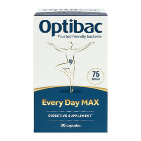 OptiBac Probiotics Every Day MAX - 30-Capsules white & blue carton box; a premium digestive supplement that contains 75 billion live cultures