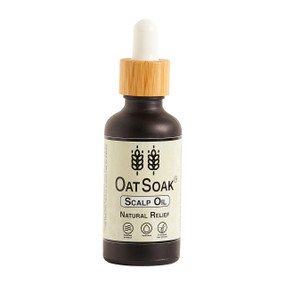 OatSoak Scalp Oil 50ml in a black glass bottle with dropper; a soothing scalp treatment with 100% oat oil for dry scalp, and to soothe itchy, irritated scalps