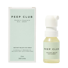 Peep Club Instant Relief Eye Spray - 17-ml plastic spray bottle and green box; relieves dry eye symptoms of redness, itching & watery eyes.