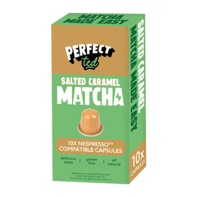Salted Caramel Matcha Nespresso® Pods: 10-Nespresso® Compatible Pods in a green cardboard box; combine the rich, creamy flavour of salted caramel with the vibrant health benefits of matcha green tea powder, all in a convenient Nespresso-compatible pod