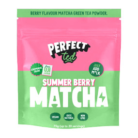 PerfectTed Summer Berry Matcha Powder 75g - in a green and pink plastic pouch;  rich in amino acids, antioxidants, and slow-release caffeine for optimised all-day energy
