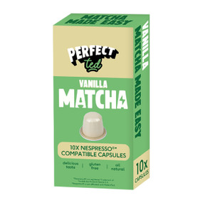 Vanilla Matcha Nespresso® Pods: 10-Nespresso® Compatible Pods in a green cardboard box; combine the rich, sweet flavour of vanilla with the vibrant health benefits of matcha green tea powder, all in a convenient Nespresso-compatible pod