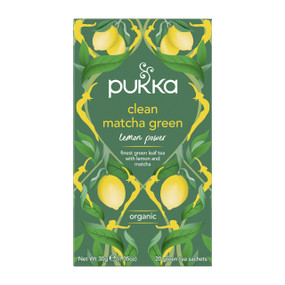 Pukka Herbs Clean Matcha Green Tea - 20-Tea Bags green carton box; has more antioxidants compared to green tea, Matcha containing compounds that are associated with improving health, reducing stress, and increasing alertness. Is the perfect alternative to coffee