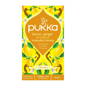 Pukka Herbs Lemon, Ginger & Manuka Honey Tea -  20-Tea Bags yellow box; provides zingy lemon with warming ginger to keep the chills away.