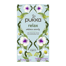 Pukka Herbs Organic Relax Tea - 20-Tea Bags blue floral carton box; soothe away stress with the delicious, balancing herbal blend